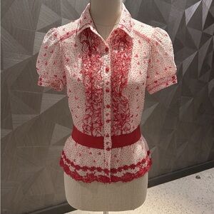 Bebe vintage Pink and White Ruffled Short-Sleeve Women's Blouse